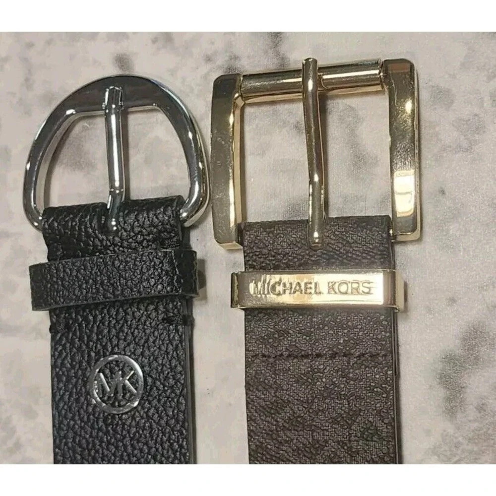 MICHAEL KORS Women's‎ MK Logo Belt Size M/L Brown & Black New Gold Silver